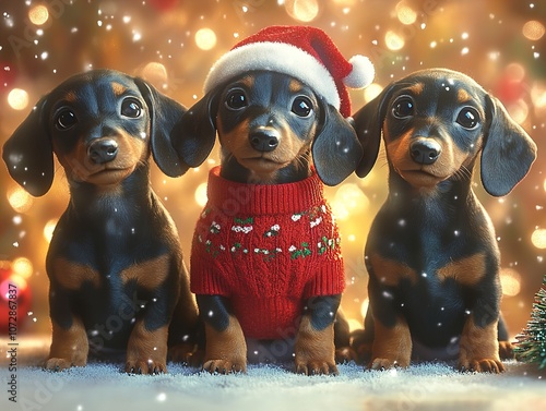 Three Dachshunds Dressed in Christmas Outfits photo