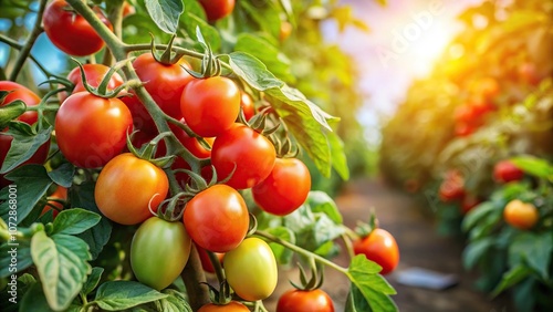 A tomato plant with multiple fruits ripening in the sun, leaves, garden, tomato plant, growing