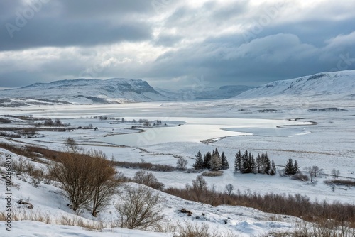 A vast and barren winter landscape with snow-covered hills and frozen lakes, panoramic view, frozen lakes photo