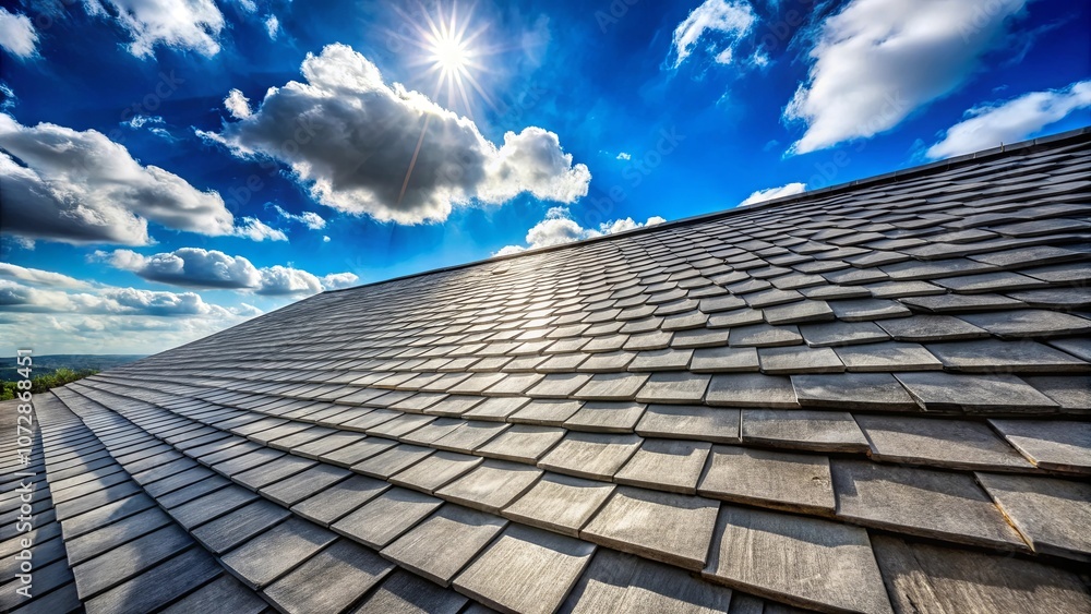 A sunlit expanse of overlapping roof tiles against a vast blue sky adorned with fluffy white clouds A sunlit expanse of overlapping roof tiles against a vast blue sky adorned with fluffy white clouds