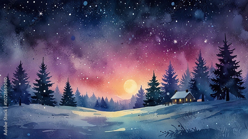 Fototapeta premium Enchanting Winter Night with Soft Watercolor Style