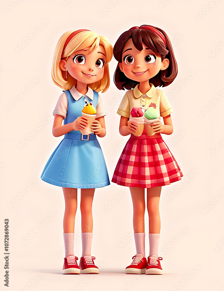 “Best Friends Sharing Ice Cream” – Two Friends Enjoying Ice Cream Cones Together in a Warm Illustration on a Neutral Background “Best Friends Sharing Ice Cream” – Two Friends Enjoying Ice Cream Cones Together in a Warm Illustration on a Neutral Background
