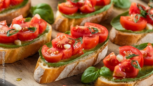 Fresh Italian bruschetta topped with diced tomatoes, basil, and garlic, drizzled with olive oil and arranged on a wooden board