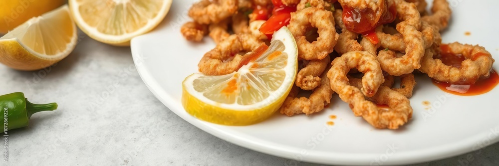 Close-up shot of crispy fried calamari drizzled with spicy chili sauce and garnished with fresh lemon wedges on a white plate, delicious, lemon Close-up shot of crispy fried calamari drizzled with spicy chili sauce and garnished with fresh lemon wedges on a white plate, delicious, lemon