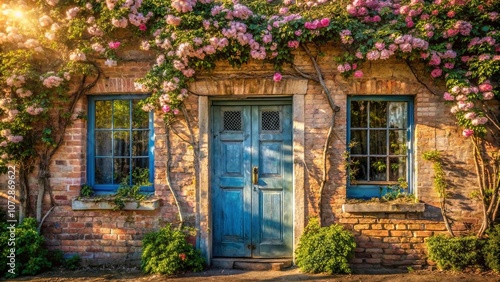 A Rustic Brick House Adorned with Blooming Vines, Featuring a Quaint Blue Door and Sunlit Windows