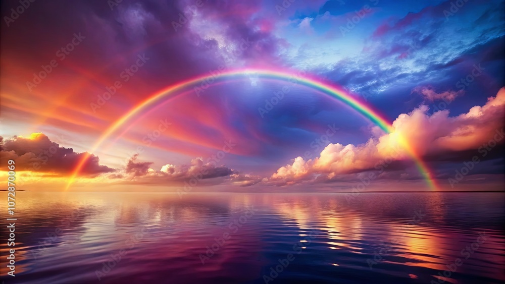 A vibrant rainbow arcs over a calm sea, reflecting the colorful hues of a dramatic sunset