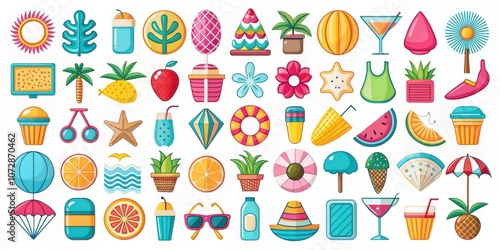 A Colorful Collection of Summer-Themed Icons Featuring Tropical Plants, Fruit, Beach Essentials, Drinks, and Other Fun Elements.