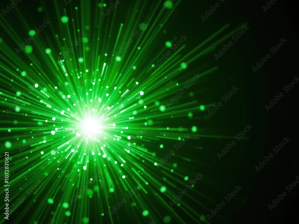 Fototapeta premium Green light burst with shiny light dots emanating in all directions resembling a bright explosion, bright, sparkles