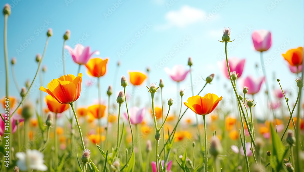 A field filled with vibrant wildflowers under a clear blue sky, capturing the natural beauty of a July summer day. A field filled with vibrant wildflowers under a clear blue sky, capturing the natural beauty of a July summer day.