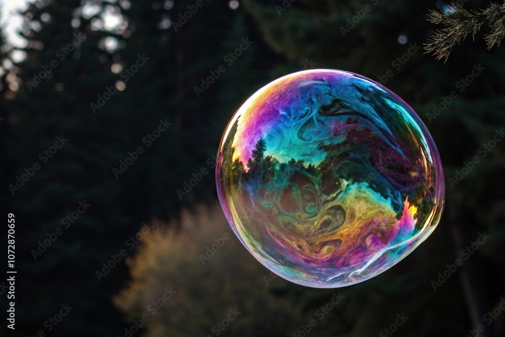 Iridescent soap bubble forms a swirling vortex of colors against a dark background, shimmering effect, dreamlike atmosphere Iridescent soap bubble forms a swirling vortex of colors against a dark background, shimmering effect, dreamlike atmosphere