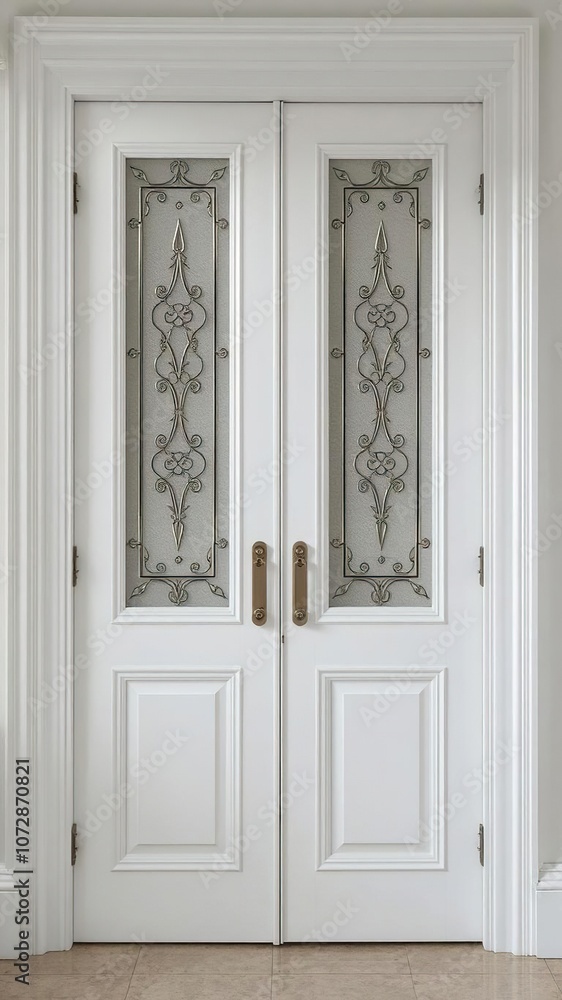 Obraz premium Minimalistic and elegant white double door with decorative glass panels, home decor, white