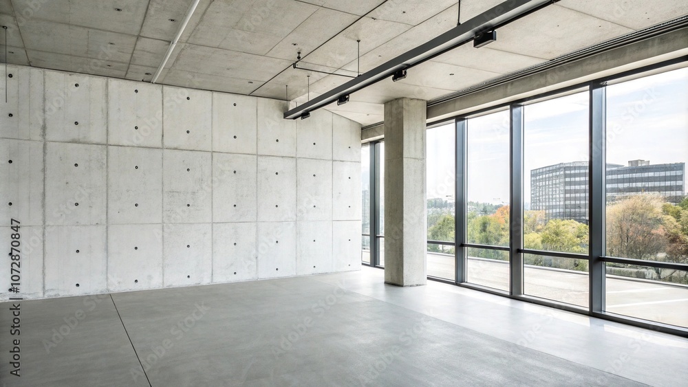 Obraz premium Modern minimalist office space with white concrete wall as background, white concrete, modern decor, minimalist, sterile environment