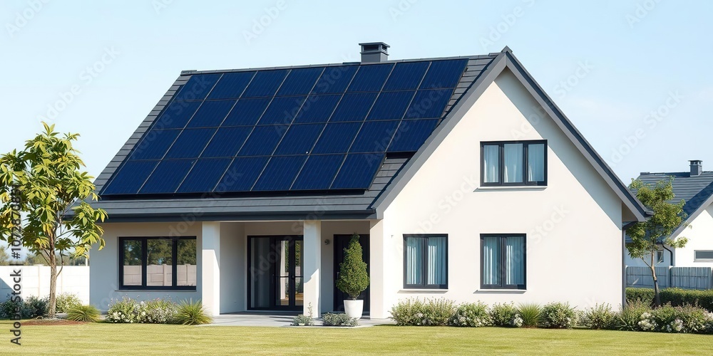 Modern single-family house with solar panels on the rooftop, generating renewable energy, Umweltschutz, gr?n Modern single-family house with solar panels on the rooftop, generating renewable energy, Umweltschutz, gr?n