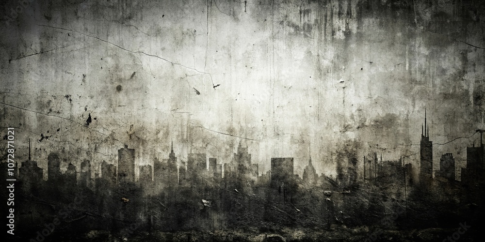 Fototapeta premium A faded silhouette of a cityscape etched into a weathered, textured surface