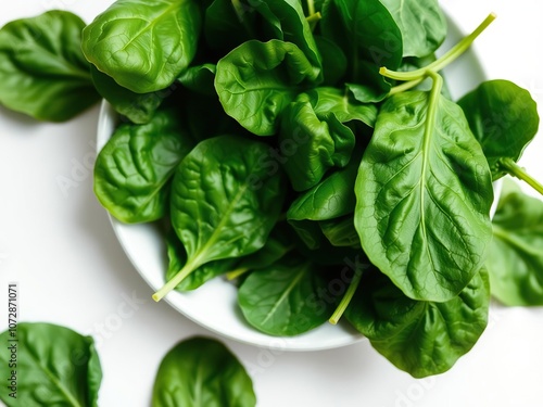 plate of fresh green spinach leaves on a white background, vibrant, raw, background