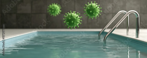 A pool scene featuring floating green virus-like particles, highlighting concerns about waterborne pathogens and hygiene. photo