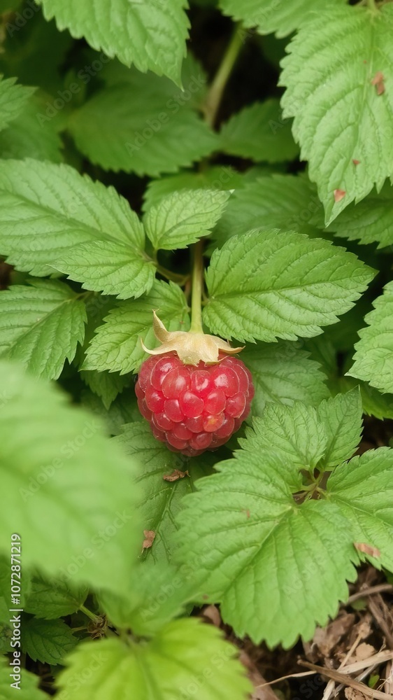 Ripe raspberry berry nestled among lush green leaves in natural setting, agriculture, produce Ripe raspberry berry nestled among lush green leaves in natural setting, agriculture, produce
