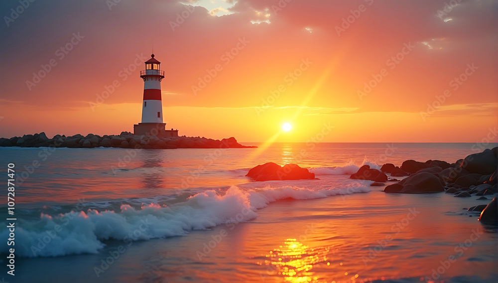 A stunning ocean sunset with a silhouette of a lighthouse in the distance, creating a peaceful and reflective July scene. A stunning ocean sunset with a silhouette of a lighthouse in the distance, creating a peaceful and reflective July scene.