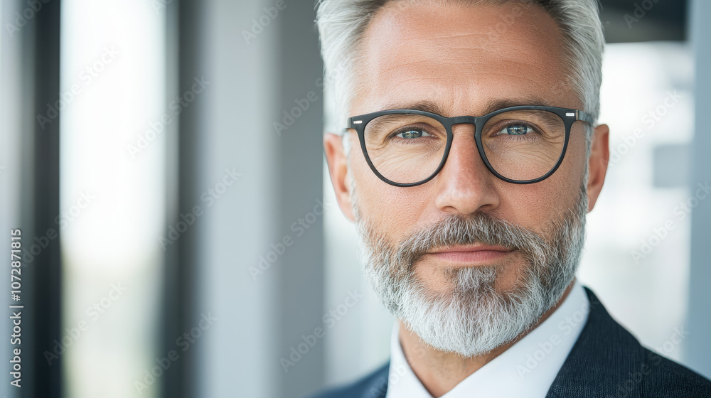 Confident businessman with glasses and stylish beard, showcasing professionalism and sophistication in modern office setting Confident businessman with glasses and stylish beard, showcasing professionalism and sophistication in modern office setting