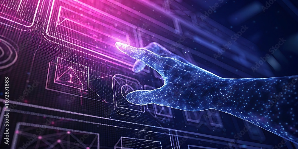 Obraz premium digital hand reaches out to interact with glowing screen technology background.AI GENERATED
