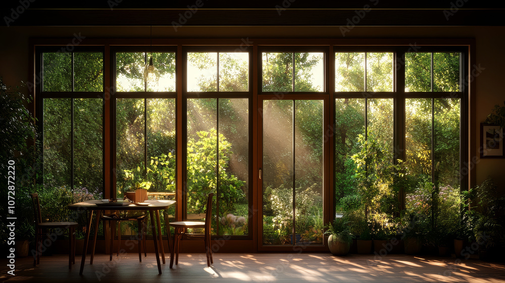 A serene indoor scene featuring wooden table and chairs, illuminated by soft sunlight streaming through large windows. view reveals lush garden filled with greenery, creating peaceful atmosphere A serene indoor scene featuring wooden table and chairs, illuminated by soft sunlight streaming through large windows. view reveals lush garden filled with greenery, creating peaceful atmosphere