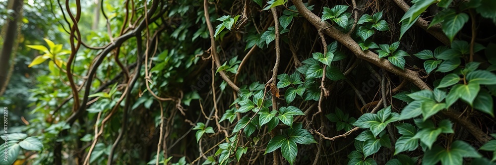 Thick vines and creepers snaking through the undergrowth, epiphytes, tropical flora Thick vines and creepers snaking through the undergrowth, epiphytes, tropical flora