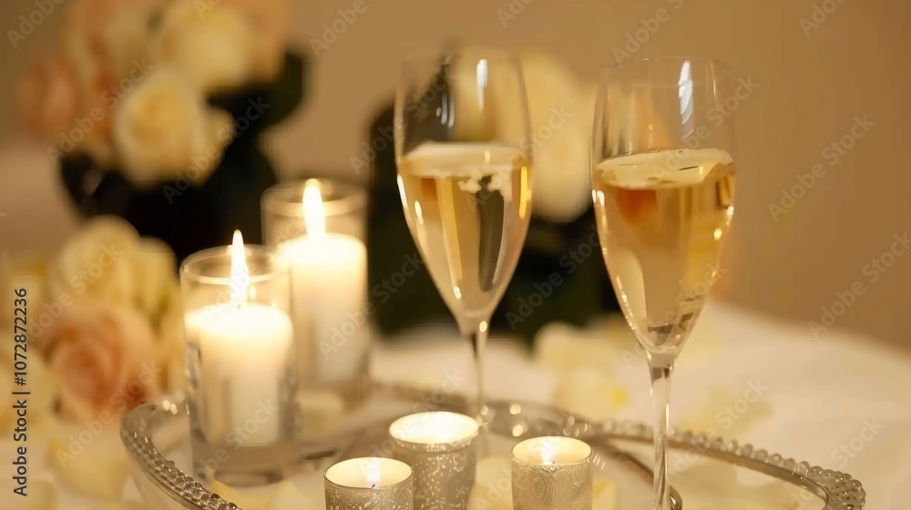 Two glasses of champagne with candles and flower petals on a silver tray. Two glasses of champagne with candles and flower petals on a silver tray.