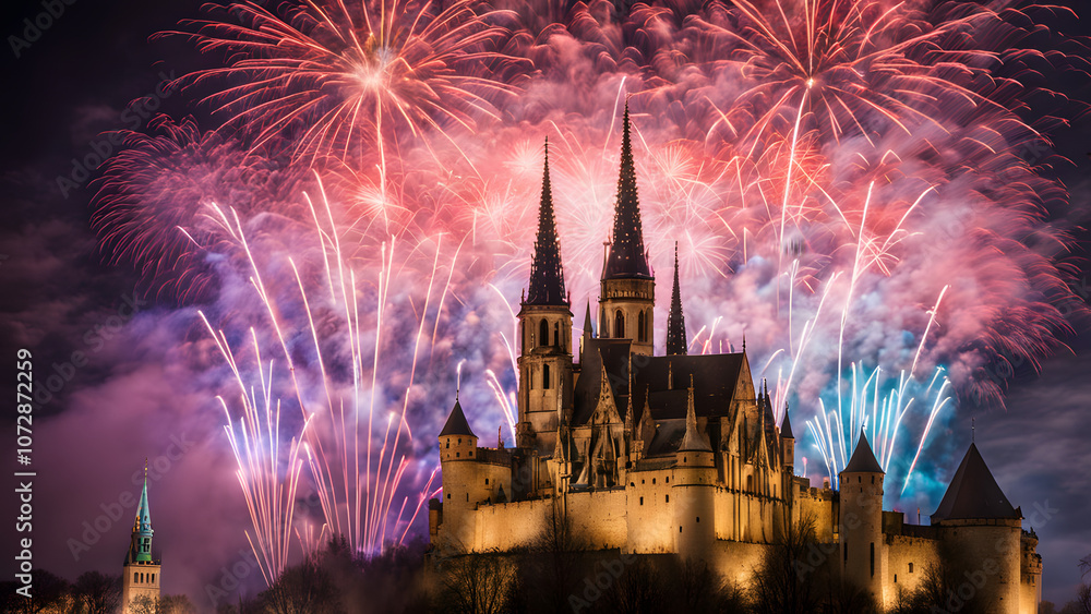Fototapeta premium Colorful fireworks exploding around the spires of a medieval castle as the new year is welcomed, Ai Generated