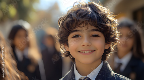 Photograph of an attractive young boy in a neatly pressed school uniform, with a cheerful and curious expression, capturing the essence of youthful innocence, education, and school spirit in a positiv photo