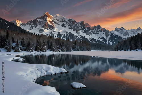 A Colorful winter panorama of the Lac Blanc lake with Mont Blanc on background. photo