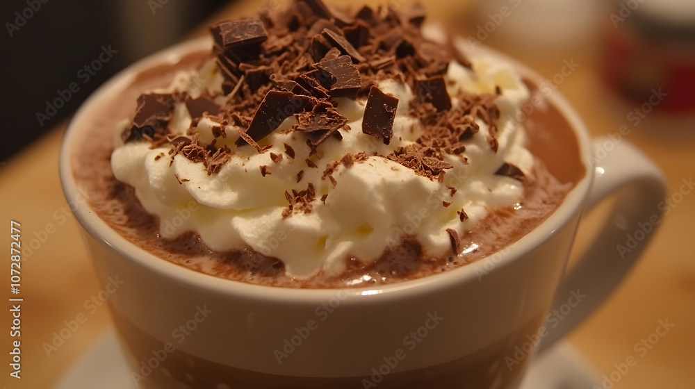 Hazelnut hot chocolate topped with chocolate shavings and whipped cream. Hazelnut hot chocolate topped with chocolate shavings and whipped cream.