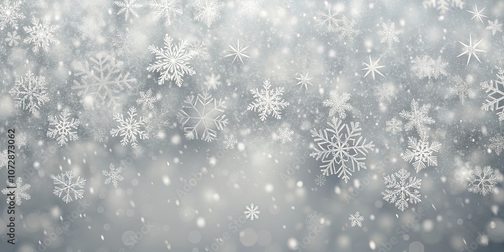 A silver backdrop with a swirling snowfall of delicate, intricate snowflakes, shimmering and dancing in a winter wonderland. A silver backdrop with a swirling snowfall of delicate, intricate snowflakes, shimmering and dancing in a winter wonderland.