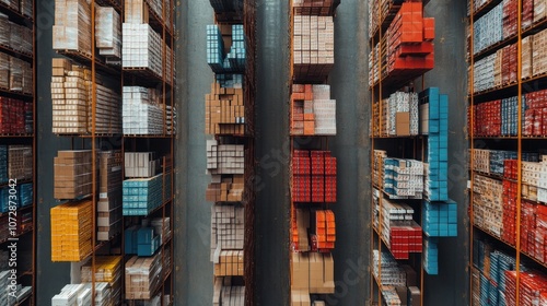 Aerial view of a large e-commerce warehouse with thousands of products neatly organized and ready for shipment automated systems managing inventory photo