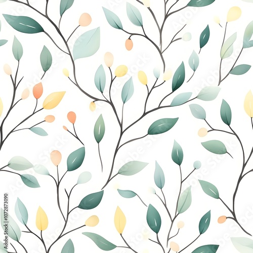 Delicate Watercolor Branches with Muted Hues and Soft Lights on a Seamless White Background