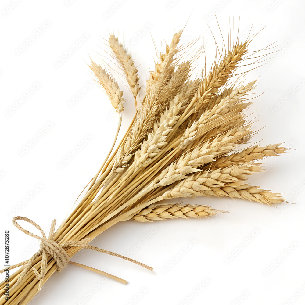A bundle of wheat stalks tied together, isolated on a white background A bundle of wheat stalks tied together, isolated on a white background