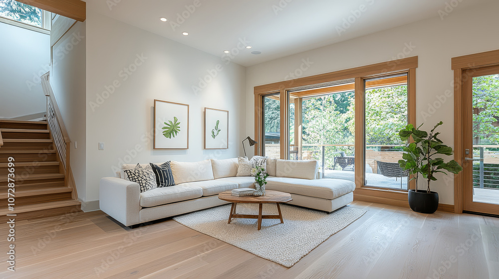Fototapeta premium A bright and airy living room featuring modern white sectional sofa, round coffee table, and large windows that invite natural light. decor includes plant themed artwork and cozy rug, creating welcomi