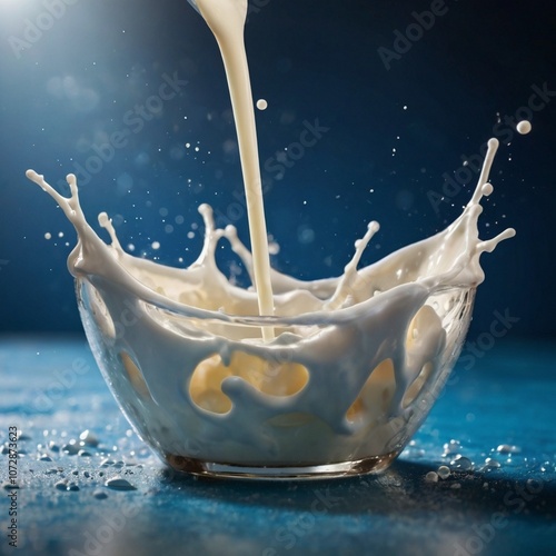 Close up milk splash into a cup glass blue background generated Ai photo