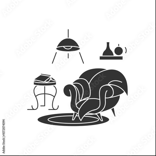 Living room glyph icon. Stylish designed room in house. Cozy armchair and decor elements. Lounge zone. Blanket house concept.Filled flat sign. Isolated silhouette vector illustration