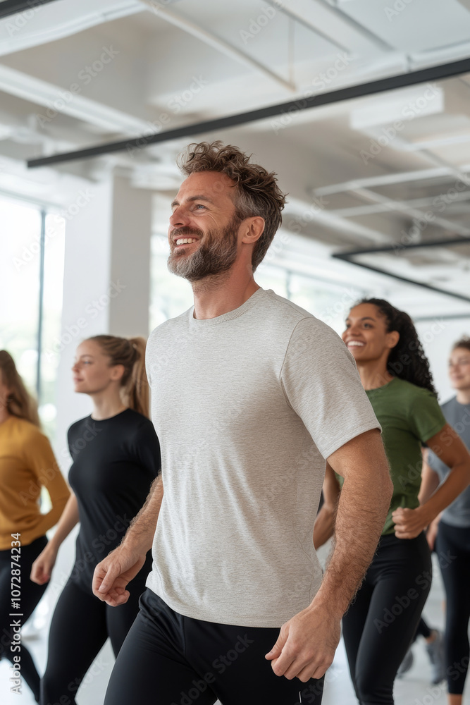 Joyful man leading group workout session, showcasing fitness and camaraderie. atmosphere is energetic and motivating, perfect for healthy lifestyle Joyful man leading group workout session, showcasing fitness and camaraderie. atmosphere is energetic and motivating, perfect for healthy lifestyle