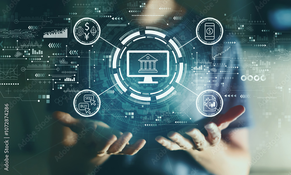 Cryptocurrency fintech theme with young man in the night Cryptocurrency fintech theme with young man in the night