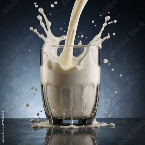 Close up milk splash into a cup glass blue background generated Ai photo