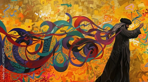 Fototapeta Naklejka Na Ścianę i Meble -  Abstract Arabic calligraphy painting with a figure in the foreground.