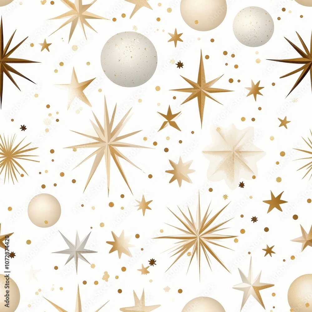 Elegant and Modern Gold and White Star Pattern with Geometric Shapes, Perfect for Holiday Decor, Backgrounds, Textiles, and Seasonal Crafts Elegant and Modern Gold and White Star Pattern with Geometric Shapes, Perfect for Holiday Decor, Backgrounds, Textiles, and Seasonal Crafts
