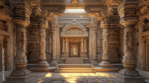 Sunlit interior of ancient Indian temple with ornate pillars