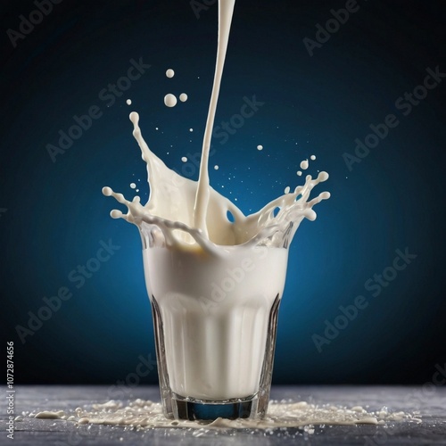 Close up milk splash into a cup glass blue background generated Ai photo