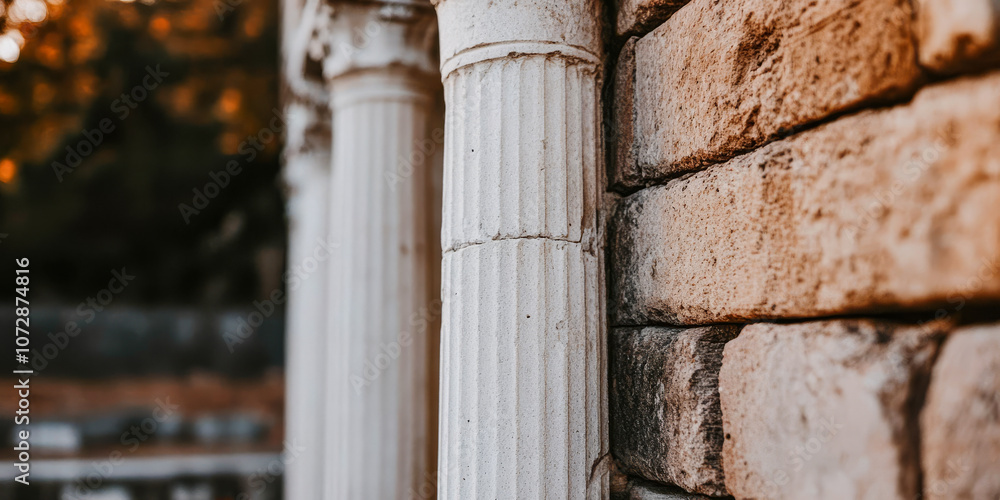 Ancient columns stand beside rustic brick wall in tranquil outdoor setting during sunset