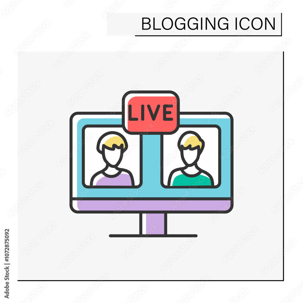 Fototapeta premium Computer color icon. Live video stream on computer screen between two bloggers. Online conference, meeting.Blogging concept. Isolated vector illustration