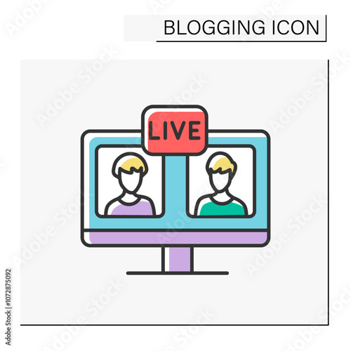 Computer color icon. Live video stream on computer screen between two bloggers. Online conference, meeting.Blogging concept. Isolated vector illustration