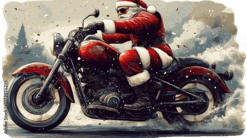 A sticker of Santa Claus riding a motorcycle instead of a sleigh, isolated on white background 