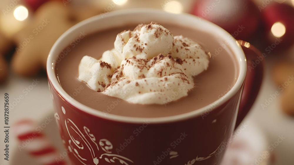 Hot chocolate served in a festive mug with gingerbread cookies. Hot chocolate served in a festive mug with gingerbread cookies.